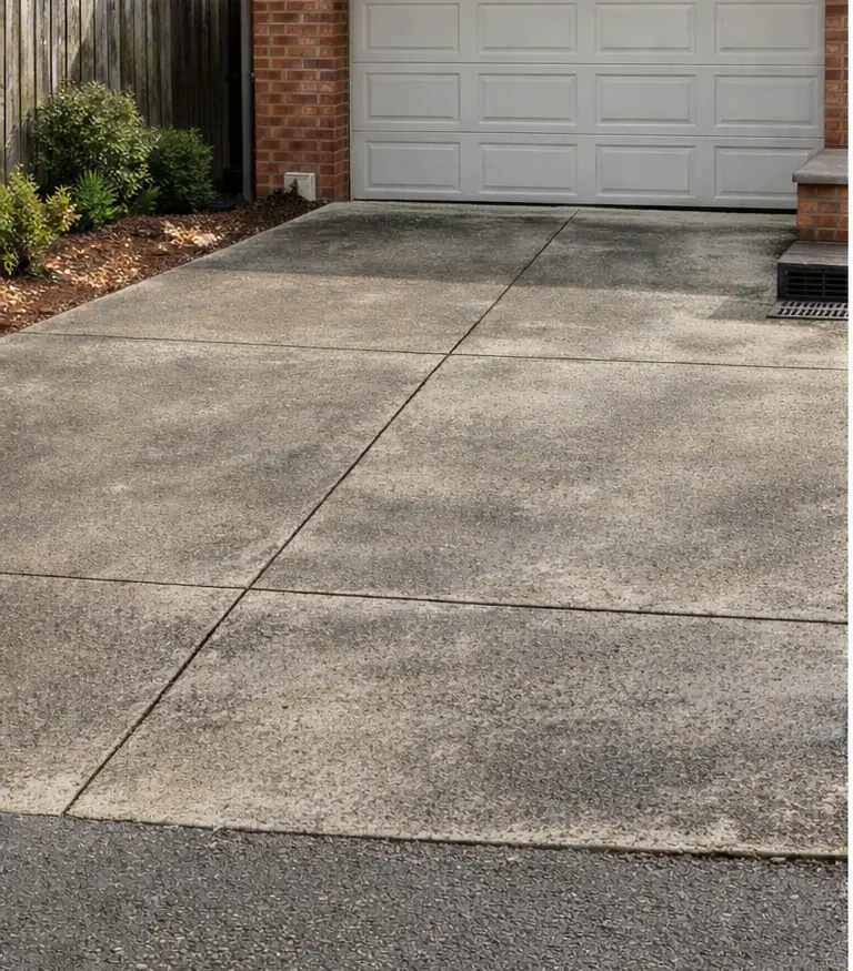 Grimy concrete driveway in Melbourne before pressure washing