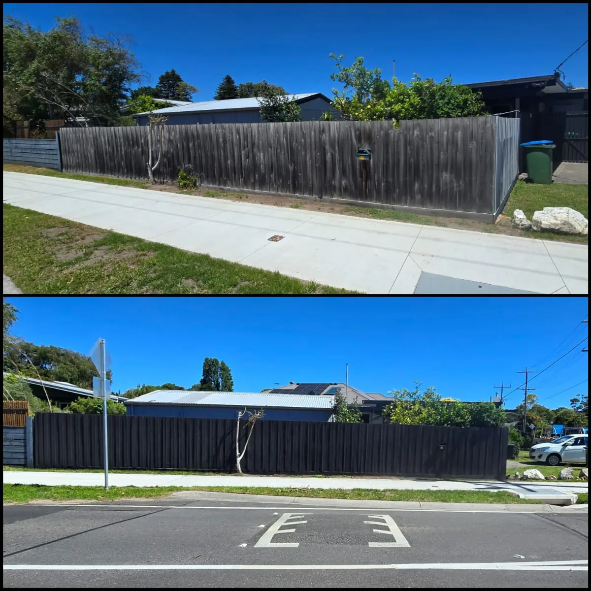 Weathered front fence before and after repainting in Epping