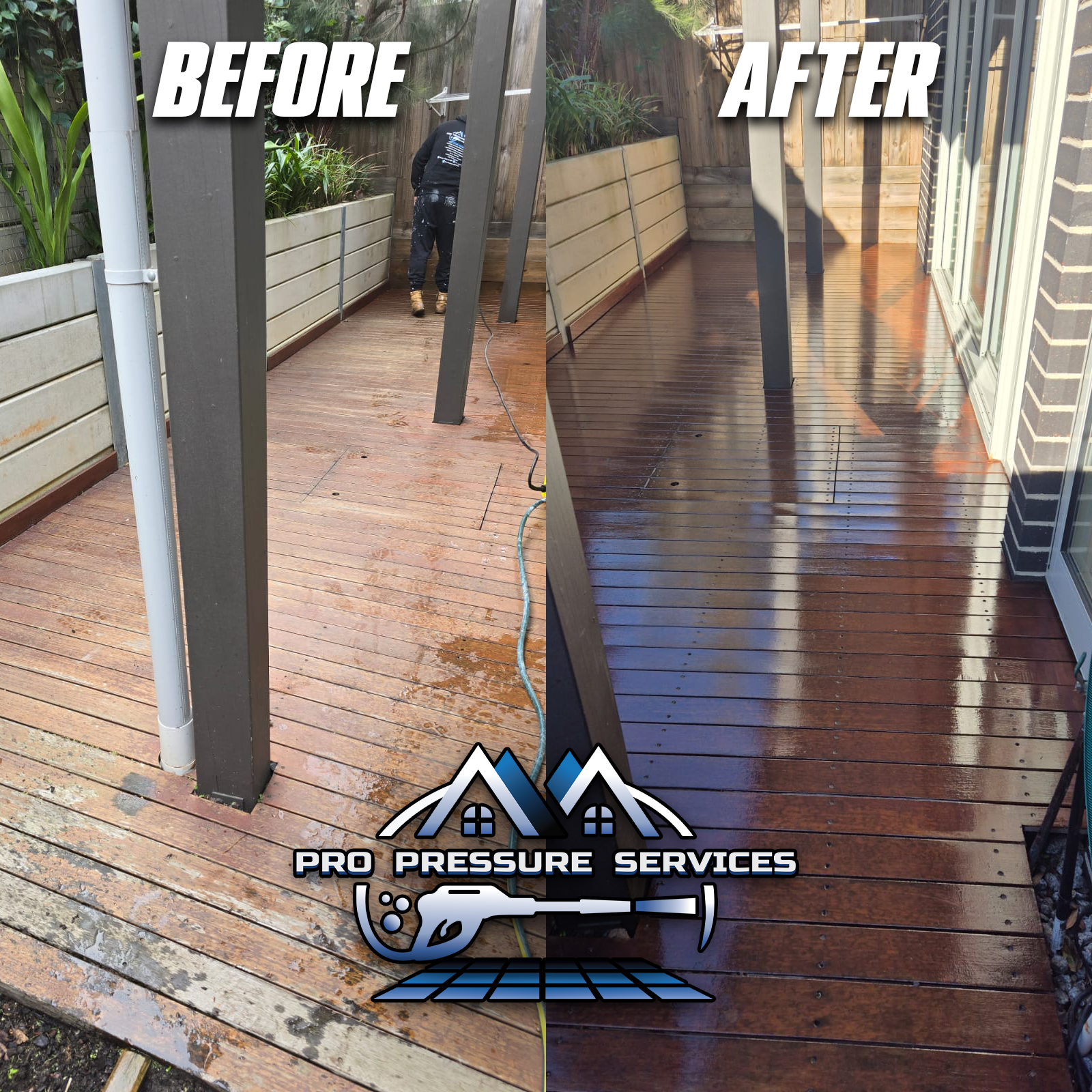 Deck pressure washing before and after