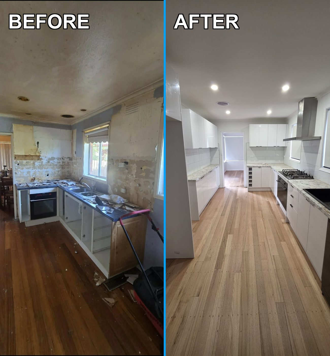 Thomastown kitchen before and after — an old kitchen stripped back to bare walls transformed into a modern white kitchen with sanded and polished timber floors